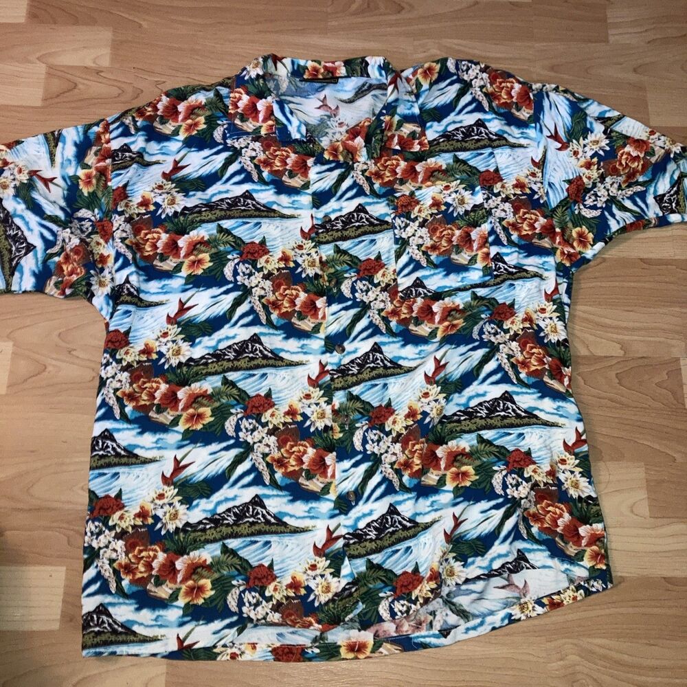 Men’s Monzini Large Hawaiian Aloha Shirt Mountain Floral Diamonds Head Volcano